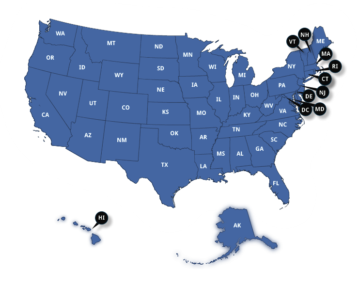 Map of the United States with each State selectable